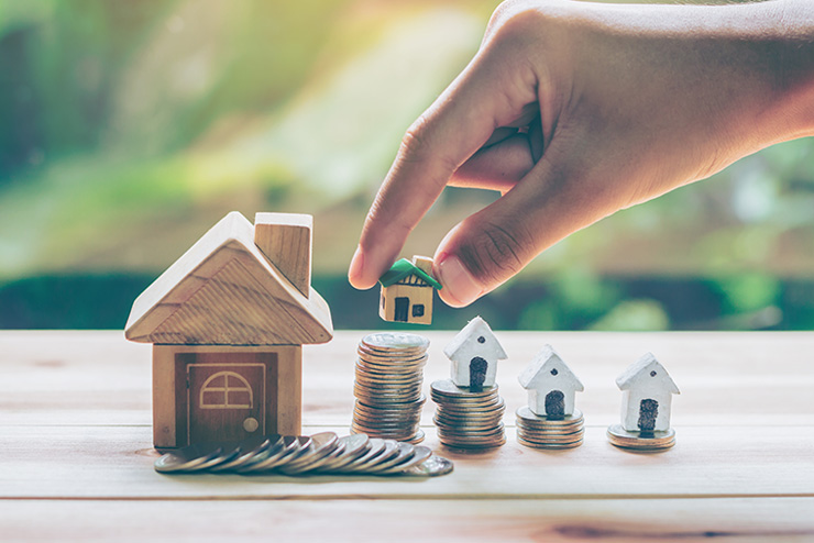 Wooden house with coins