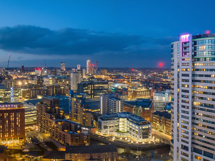 Aerial photo of Leeds city centre at dusk